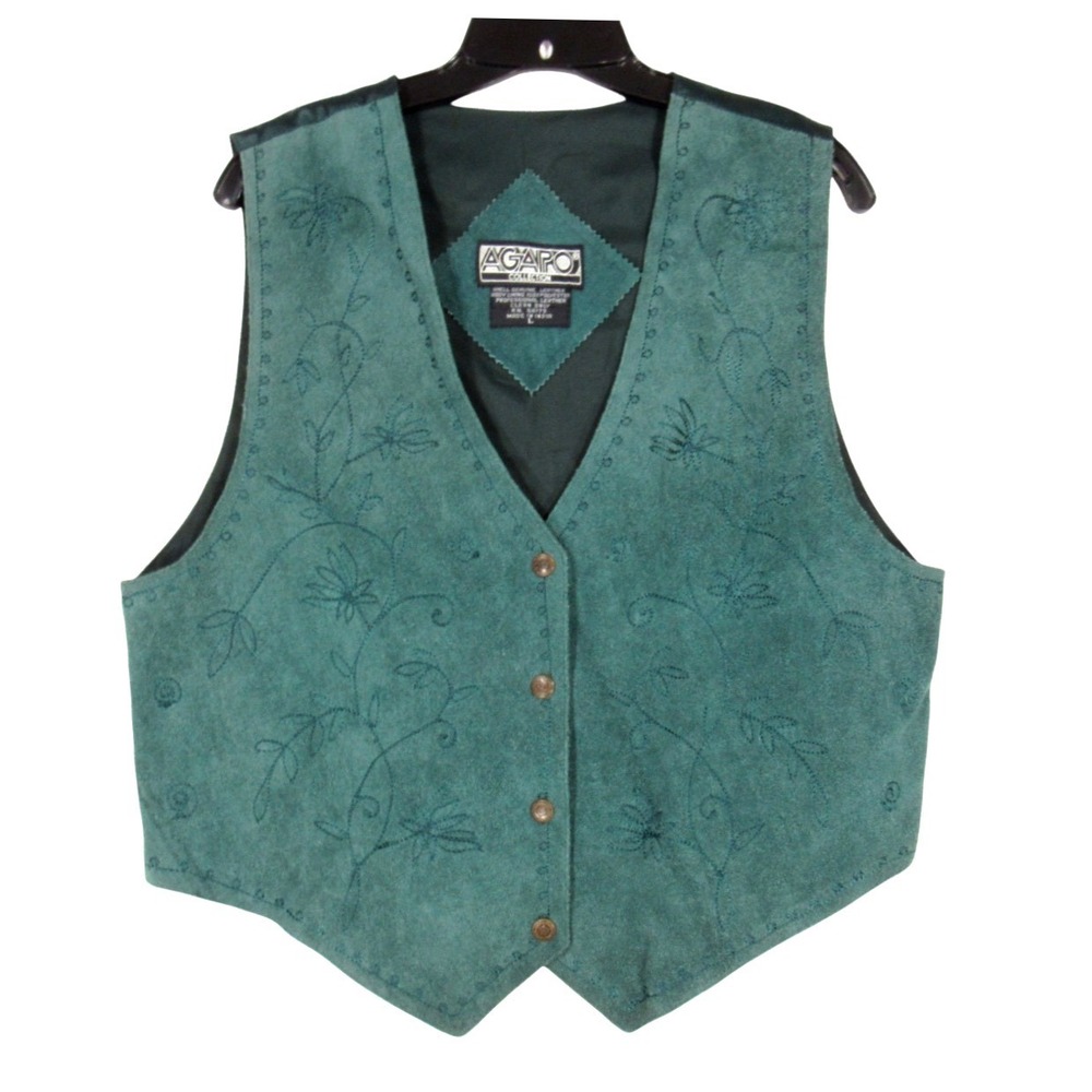 AGAPO Women's GREEN SUEDE LEATHER Floral Embroidered SNAP Satin Back VEST Sz L